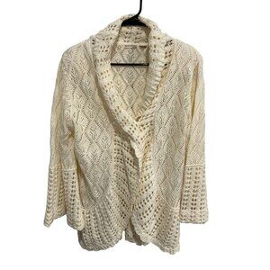 Vintage Cream Open Knit Cardigan Sweater Shawl Collar Button Closure
